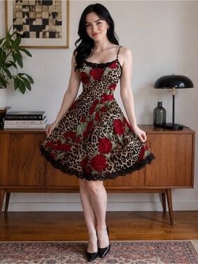 Leopard Rose Lace-Trim Midi Dress in Red and Tan